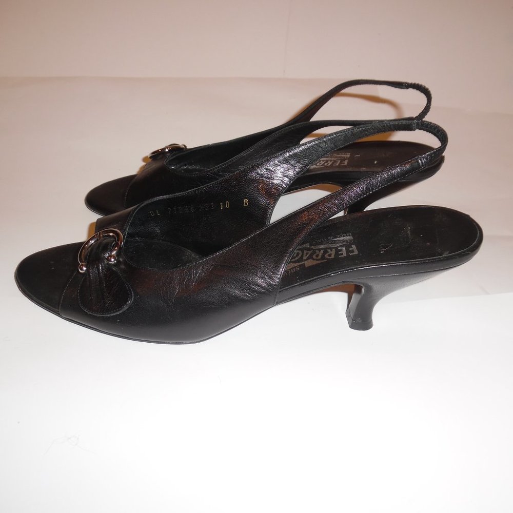 Salvatore Ferragamo Black Leather Kitten Heels Buckle Gancini  Sandals Shoes - Picture 6 of 15